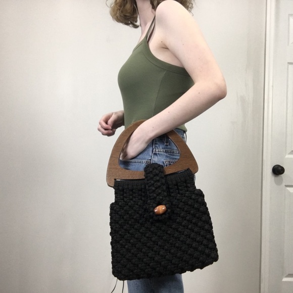 70s Vintage Handmade Macrame Bag Wooden Handle - Picture 1 of 8